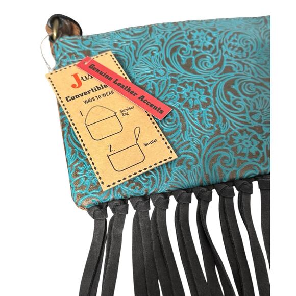 NWT! Justin Turquoise Western Fringe Convertible Mini Shoulder Wristlet Bag - Picture 4 of 6